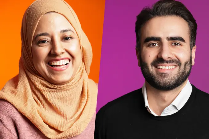 Kollasj av to personer som smiler til kamera