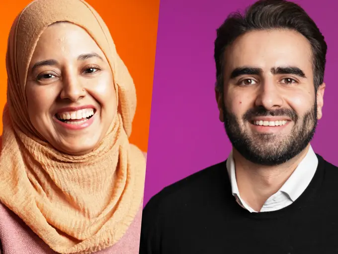 Kollasj av to personer som smiler til kamera