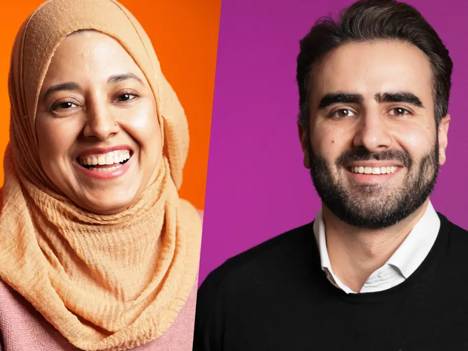 Kollasj av to personer som smiler til kamera