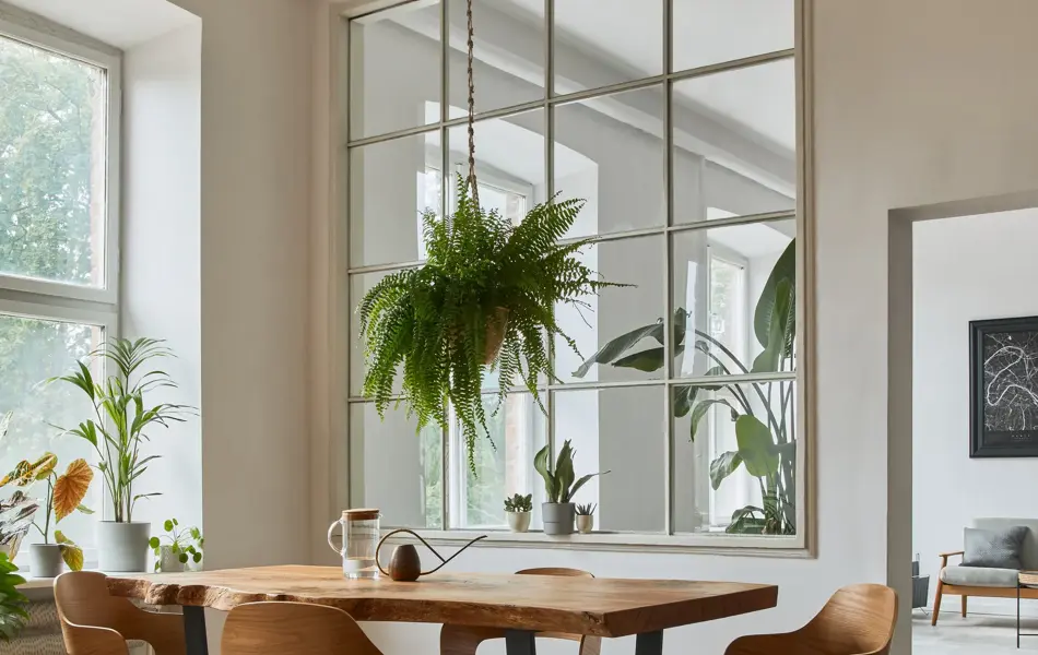 Interior design of scandinavian open space with velvet sofa, plants, furniture, in stylish home staging. Template.