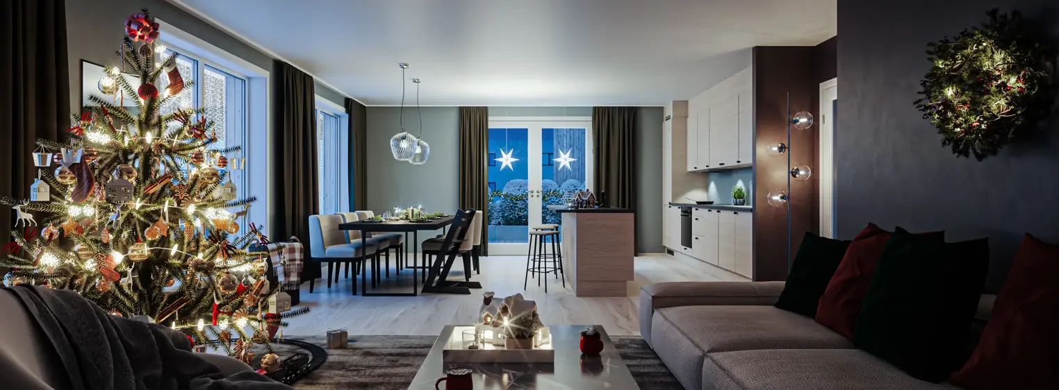 Julebilde av stue og kjøkken Skårerløkka Premium leilighet B_601