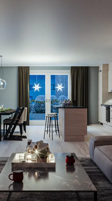 Julebilde av stue og kjøkken Skårerløkka Premium leilighet B_601
