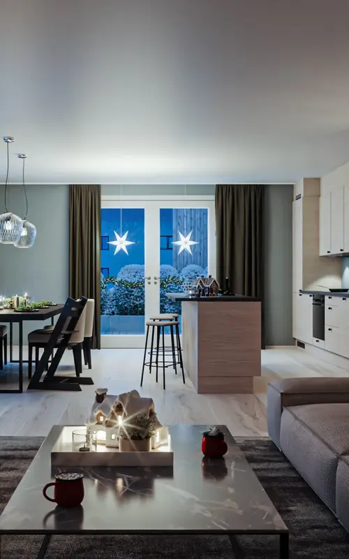 Julebilde av stue og kjøkken Skårerløkka Premium leilighet B_601