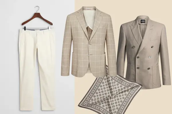 Lys penbukse, beige enkeltspent blazer, lysebrun dobbeltspent blazer, mønstret tørkle.
