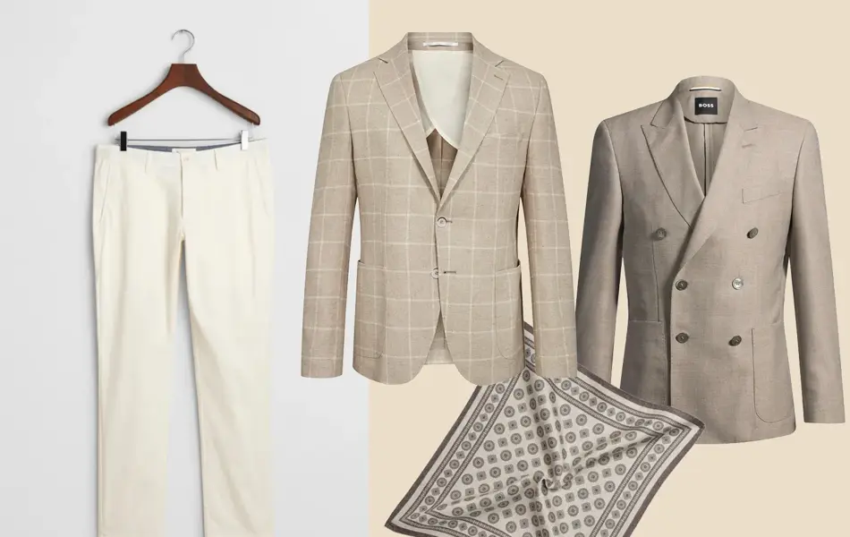 Lys penbukse, beige enkeltspent blazer, lysebrun dobbeltspent blazer, mønstret tørkle.