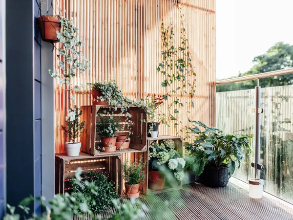 Moderne balkong med grønne planter