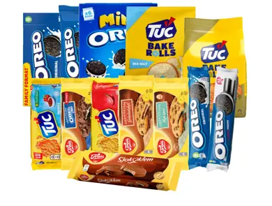 Utvalg av Oreo, TUC og Freia produkter