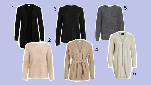 Kollasj av strikkegensere og cardigans, produktbidler