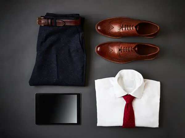 Flat Lay Shot Of Male Business Clothing And Digital Tablet