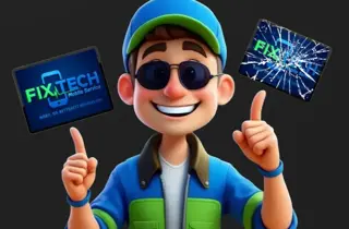 Blid animert figur med Fixtech logo på animert mobil