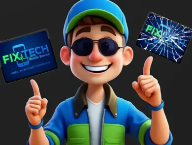 Blid animert figur med Fixtech logo på animert mobil