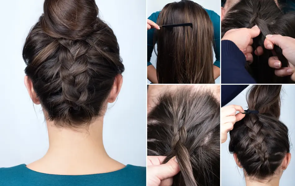 modern hairstyle reverse braided bun. Hairstyle tutorial for long hair. Hairstyle. Tutorial. Upside down french braid with bun. Braided bun