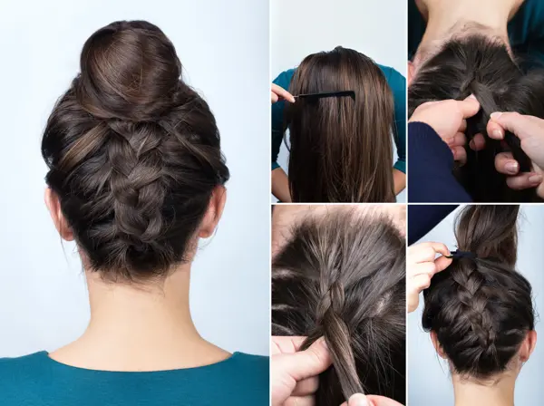 modern hairstyle reverse braided bun. Hairstyle tutorial for long hair. Hairstyle. Tutorial. Upside down french braid with bun. Braided bun