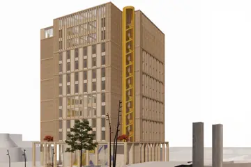 Illustrasjon av høyblokk med studentboliger ved Sartor Storsenter