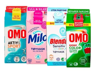 Fire flytende tøyvaskmidler i kartong fra OMO, Milo og Blenda i ulike varianter.