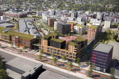 Illustrasjon av fasaden i fugleperspektiv 