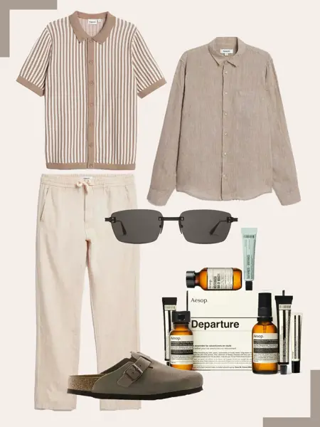 Beige stripete t-skjorte, beige linskjorte, lys beige linbukse, solbriller, Birkenstock sandaler, Aesop reisesett.
