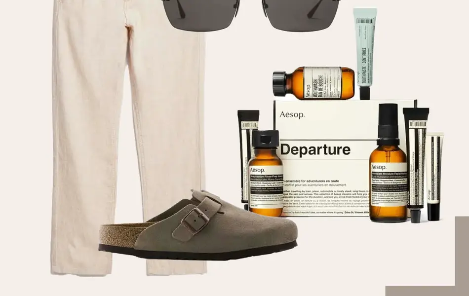 Beige stripete t-skjorte, beige linskjorte, lys beige linbukse, solbriller, Birkenstock sandaler, Aesop reisesett.