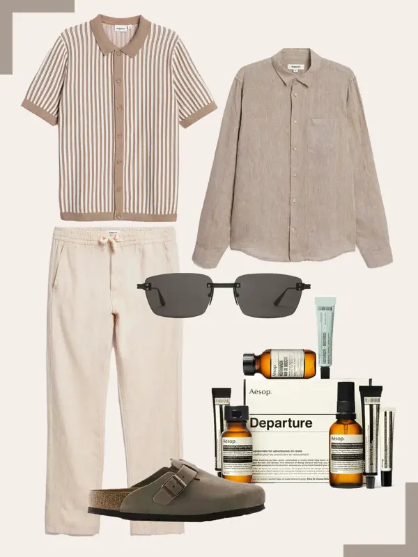 Beige stripete t-skjorte, beige linskjorte, lys beige linbukse, solbriller, Birkenstock sandaler, Aesop reisesett.