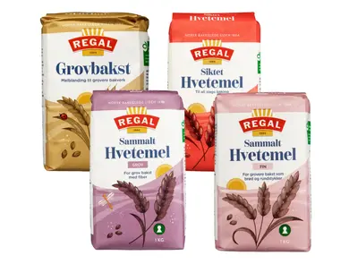 Fire pakker med forskjellig type mel fra Regal.