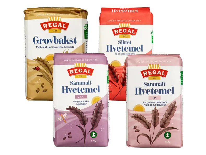 Fire pakker med forskjellig type mel fra Regal.