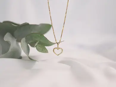 Et gullsmykke med hjerteanheng henger foran en plante.