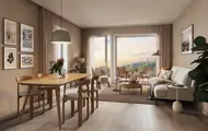 3D illustrasjon av  stue interiør i en leilighet i Heggedal Hage.