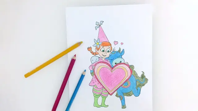 ferdig fargelagt tegning av amfelia og oskar og noen fargeblyanter