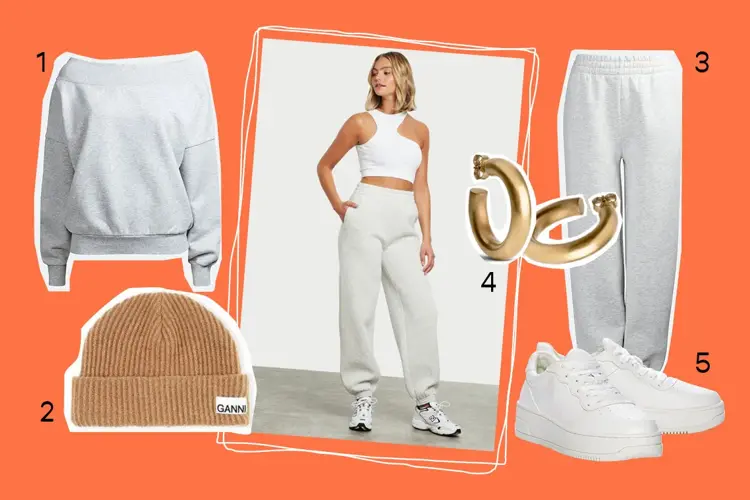 1. Off shoulder collegegenser fra Bik Bok, kr 299 // 2. Lue fra Ganni fra Me & My Cousin, kr 850 // 3. Romslig lysegrå joggebukse fra Bik Bok, kr 299 // 4. Chunky gullhoop fra Jane Kønig fra Høyer Strømmen, kr 759 pr stk // 5. Sneakers fra Din Sko, kr 399
