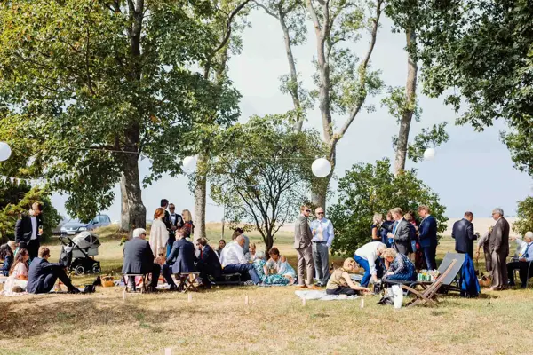 Sommerlig kledde bryllupsgjester har piknik