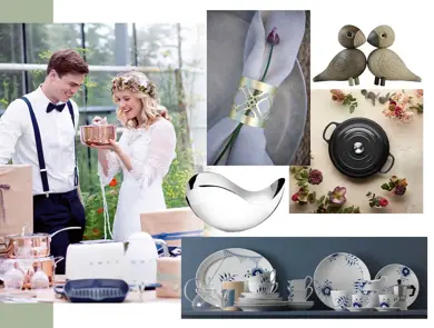 Kollasj av et brudepar som åpner gaver, service, gryte, serviett og fugler i tre