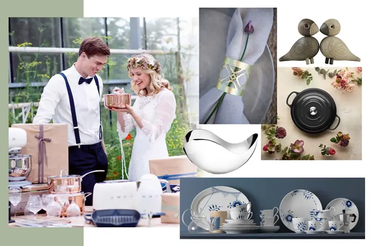 Kollasj av et brudepar som åpner gaver, service, gryte, serviett og fugler i tre