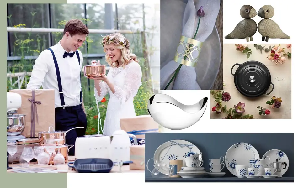 Kollasj av et brudepar som åpner gaver, service, gryte, serviett og fugler i tre