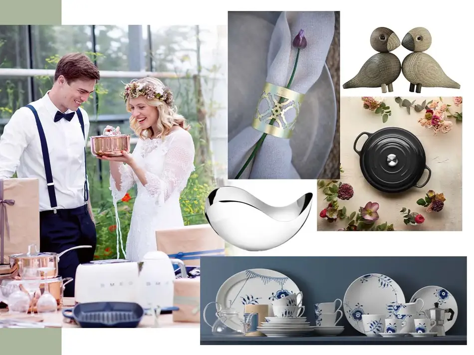 Kollasj av et brudepar som åpner gaver, service, gryte, serviett og fugler i tre