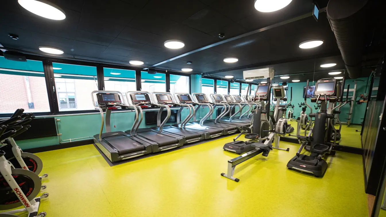 Treningsrom med vinduer, tredemøller og romaskin