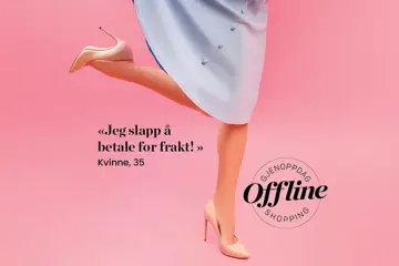 Dameben på rosa bakgrunn og med sitat: "Jeg slapp å betale for frakt" Gjennoppdag Offline Shopping. Sitat: "Utrolig! Jeg fikk prøve buksene på" - Oslo-kvinne 29 år. Gjenoppdag Offline Shopping.