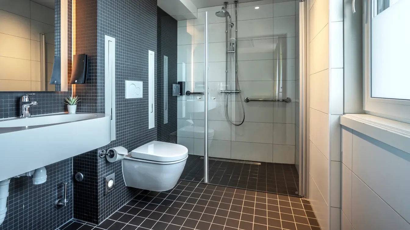 Bad på standardrom med dusj, vegghengt toalett, servant.