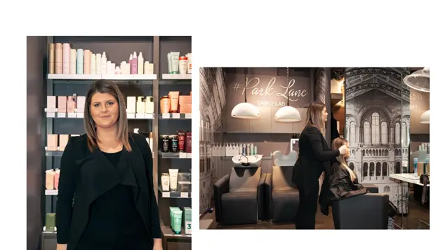 Kollasj med bilde av frisør og kunde