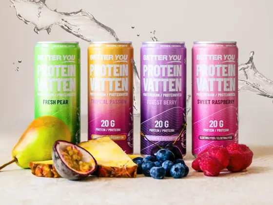 Fire bokser med proteinvann fra Better You med forskjellige smaker.