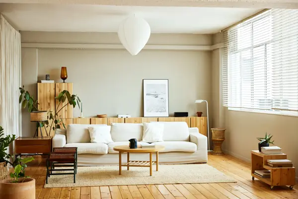 Stue med tremøbler, hvit sofa og stort gulvteppe i ull 