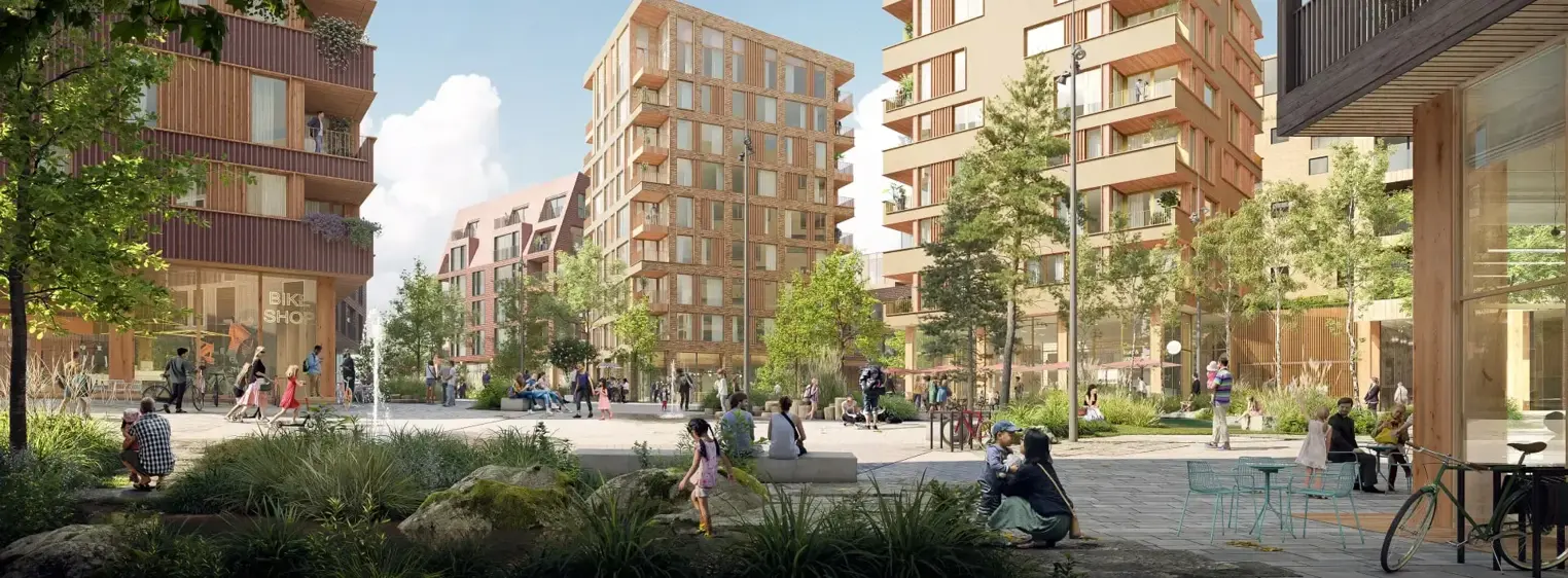 Bildet viser boligprosjektet Flytårnet Stasjon felt 8.4 på Fornebu. Et samarbeidsprosjekt mellom OBOS og Thon Eiendom.