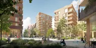Bildet viser boligprosjektet Flytårnet Stasjon felt 8.4 på Fornebu. Et samarbeidsprosjekt mellom OBOS og Thon Eiendom.