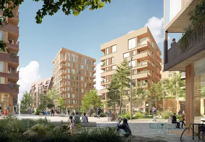 Bildet viser boligprosjektet Flytårnet Stasjon felt 8.4 på Fornebu. Et samarbeidsprosjekt mellom OBOS og Thon Eiendom.