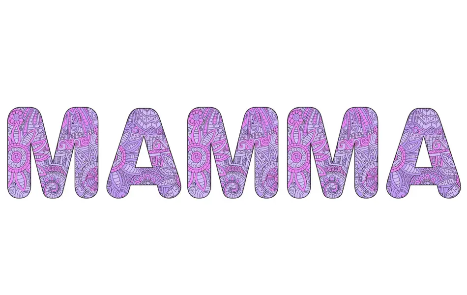 Mønstrede bokstaver fargelagt i lilla hvor det står MAMMA