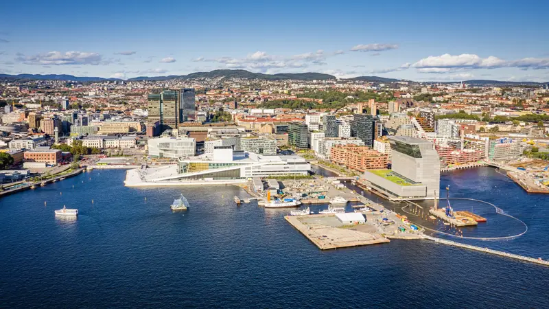 Oslo Cityscape Aerial View of Harbor Waterfront with Opera House, Office Buildings and Promenade on a sunny day. Drone point of view to the cityscape horizon. Oslo, Norway, Scandinavia