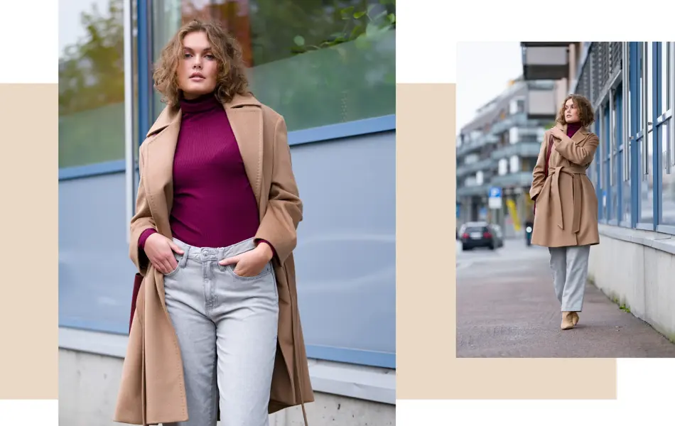 Lys jeans og burgunderrød genser med høy hals er avslappet og fresht under den tidløse kåpen. Jeans fra Gina kr 499,- // genser fra Marie Philippe,Match kr 799,- 