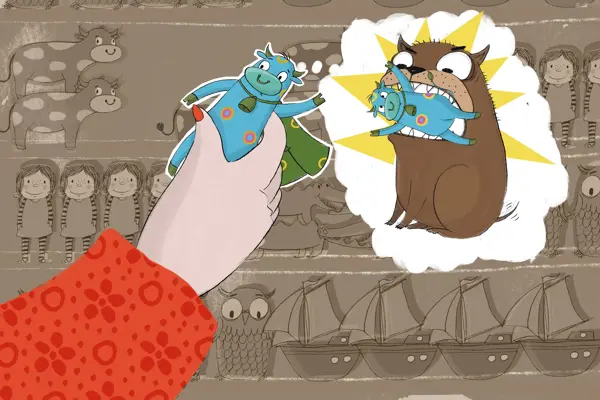 Illustrasjon av Oskar som er redd for hund