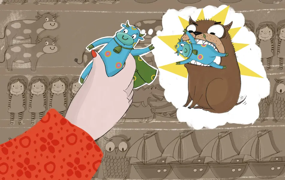 Illustrasjon av Oskar som er redd for hund