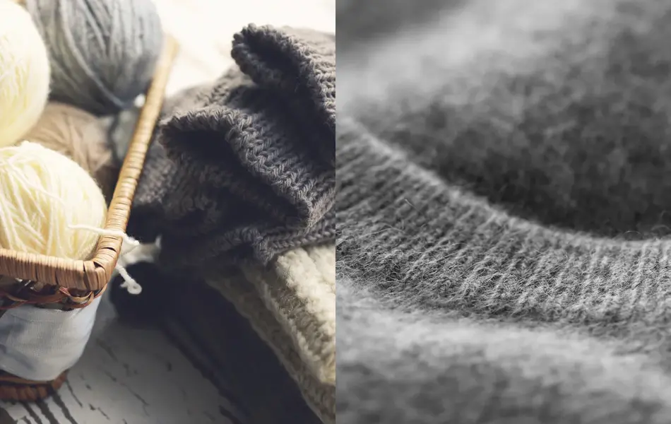 garnnøster i en kurv og strikkede plagg, nærbilde av ullgenser