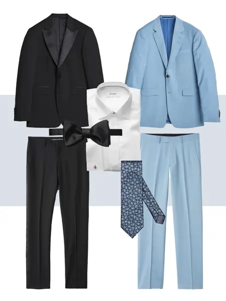 Sort smokingjakke og bukse, sløyfe, hvit skjorte, lys blå dressjakke og bukse, blått mønstret slips.